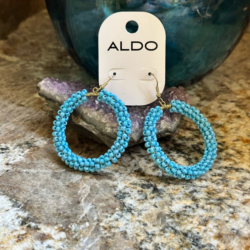 Gold Turquoise Colored Beaded Hoop Earrings